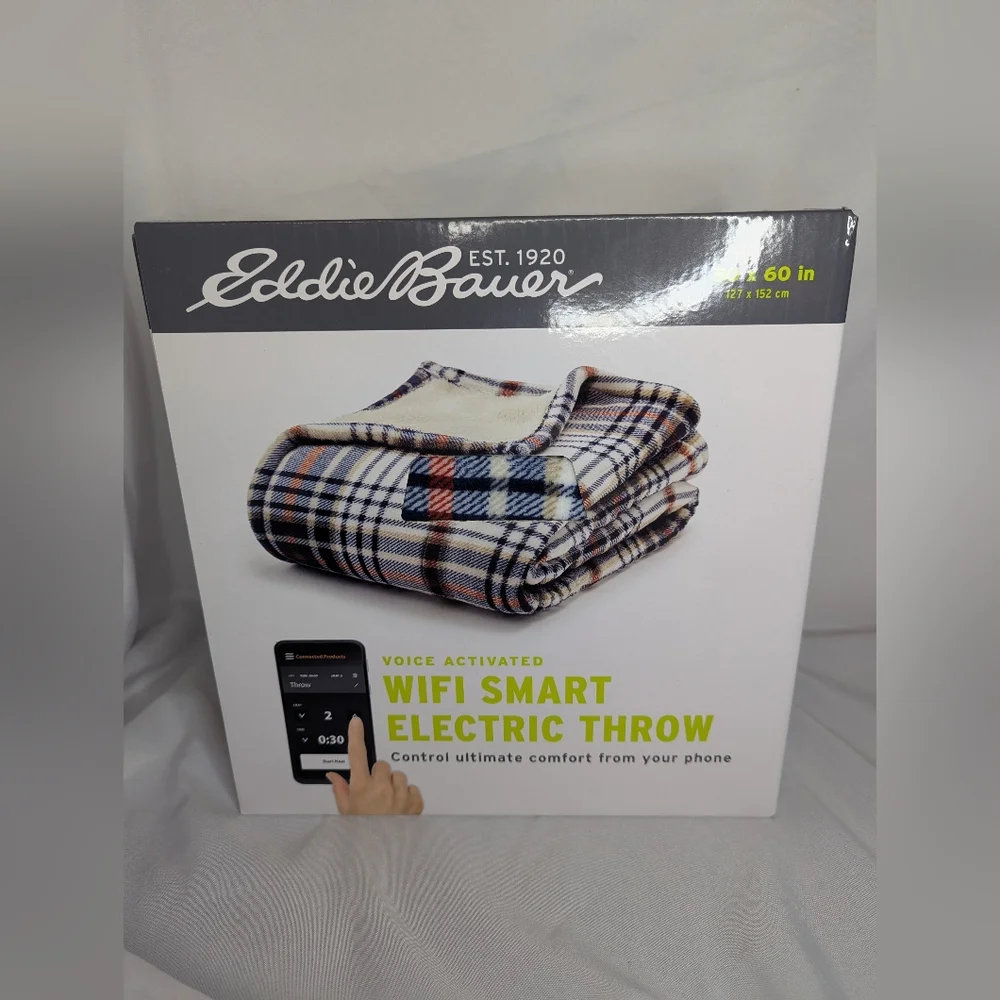 Eddie Bauer Voice Activated WiFi Smart Electric Sherpa Plaid Throw Blanket - NEW